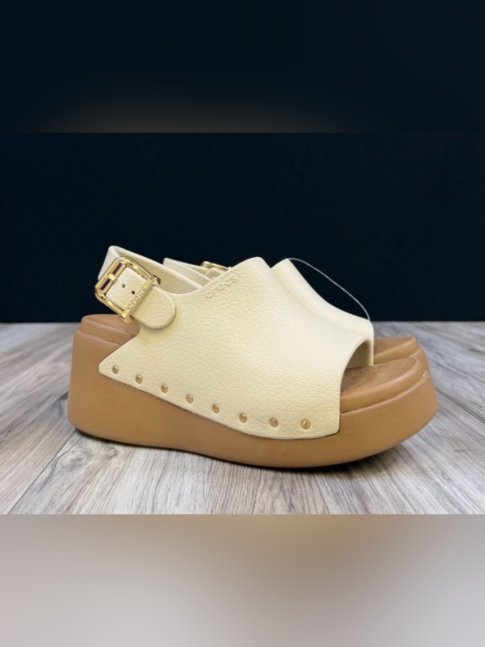 Crocs Dylan Studded Platform Slide Sandals Cream Tan Clog Wedge Womens 6 NEW